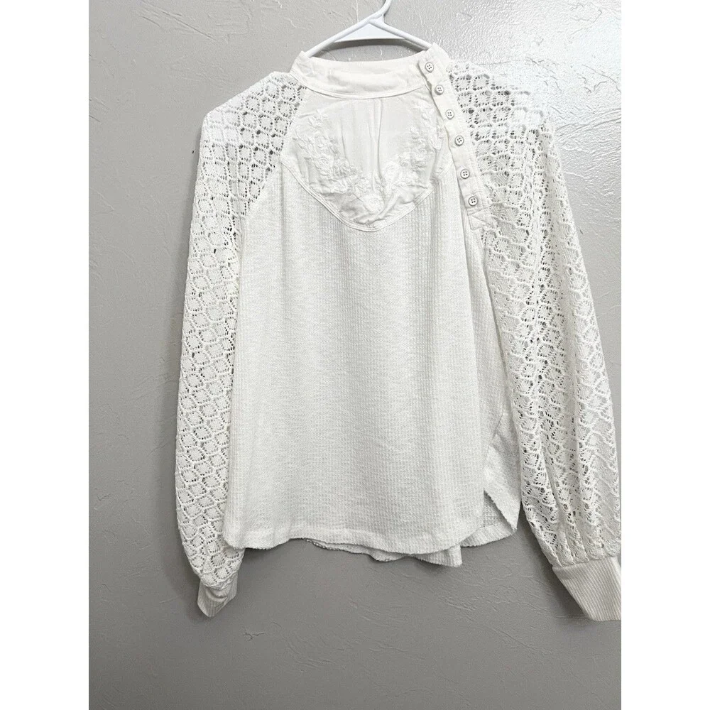 Free People Sweetest Thing White Lace Thermal Top Sz Small Boho Balloon Sleeve